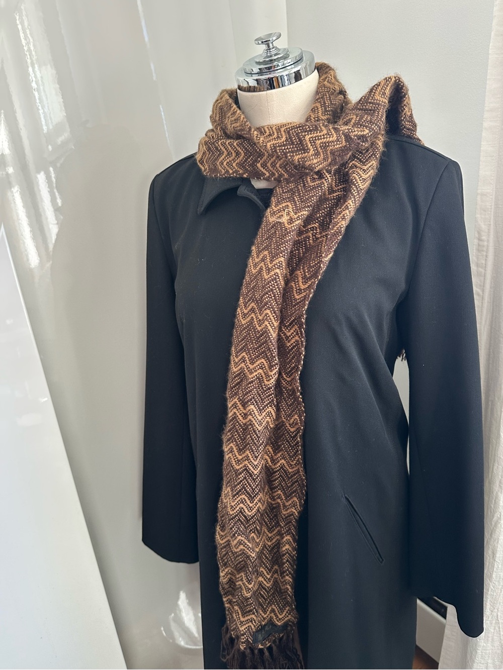 Boho Luxe Alpaca Chevron Woven Scarf Brown Fringe Artisan Earthy Brown Zigzag